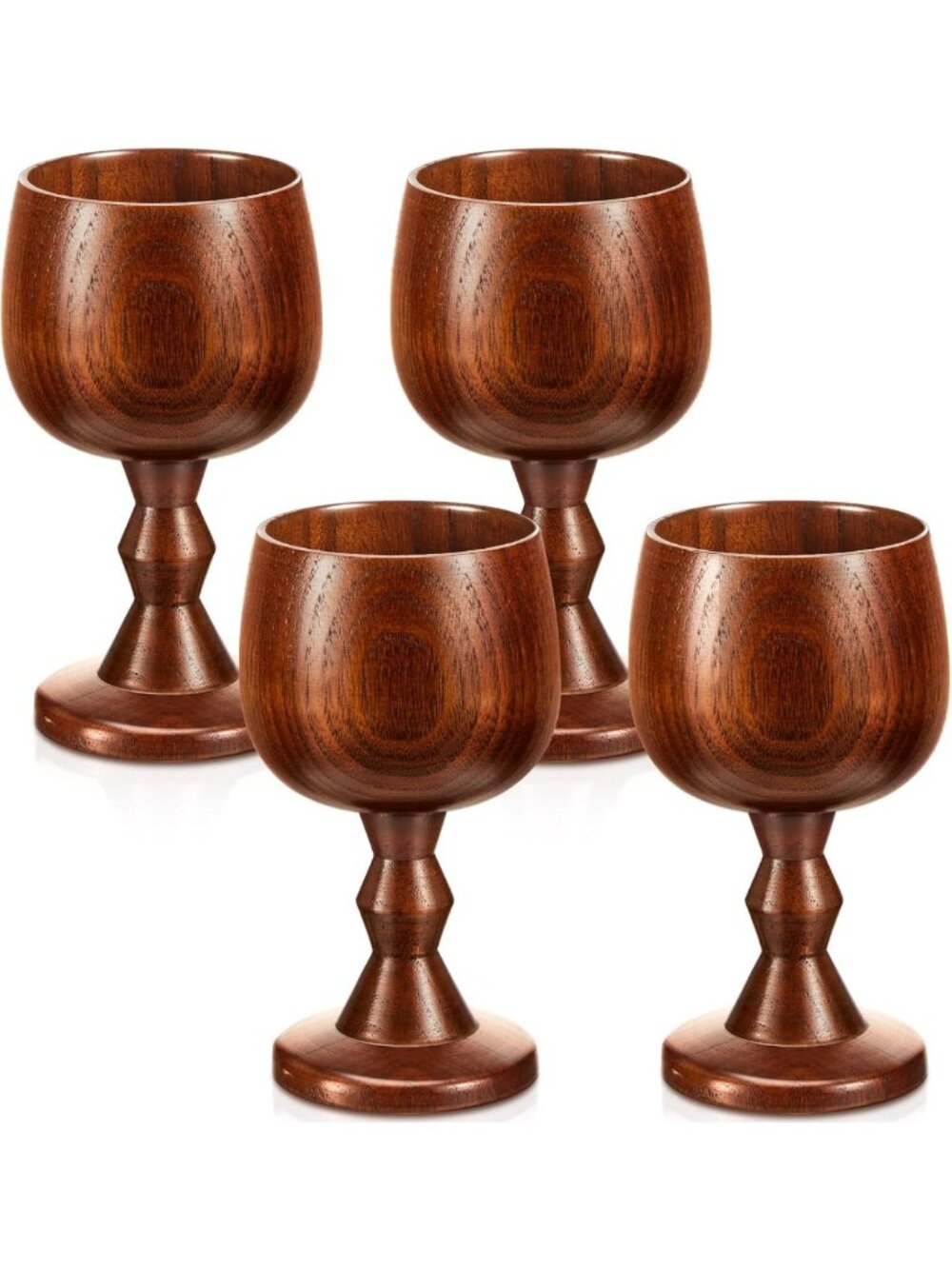 Vintage Wooden Wine Goblet Set - 4 Medieval Drinking Cups, Rustic Kitchen Decor